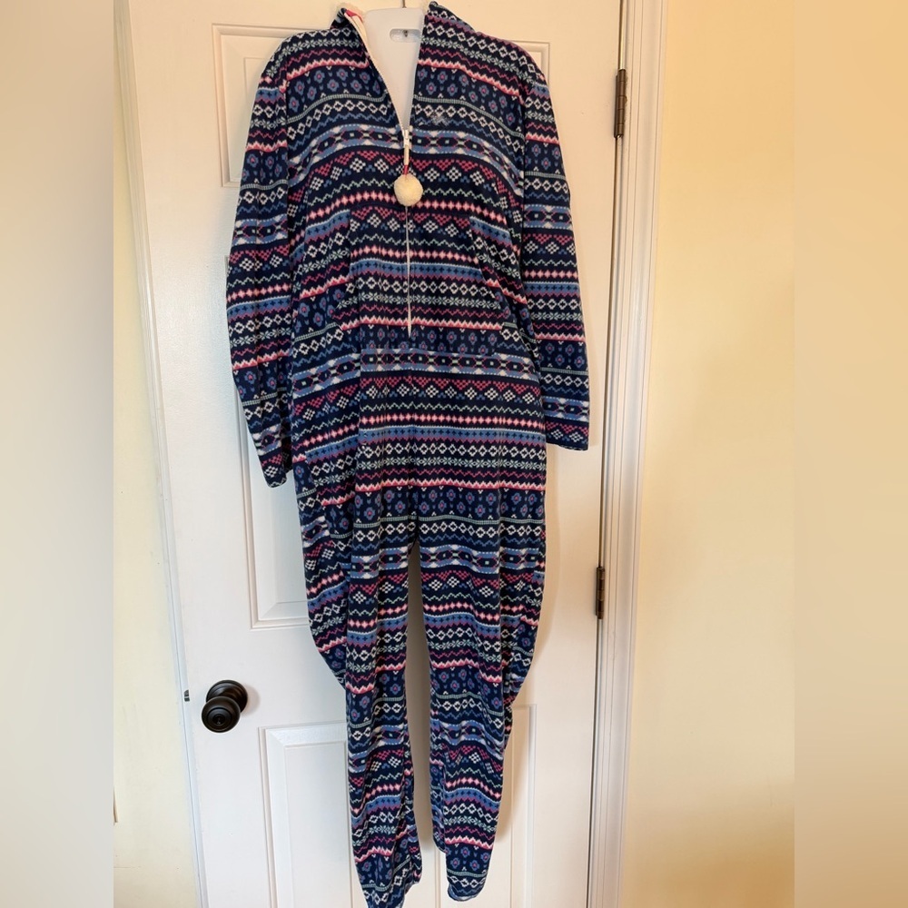 HOODED ADULT ONE PIECE PAJAMAS GEOMETRIC SHERPA LINED HOOD